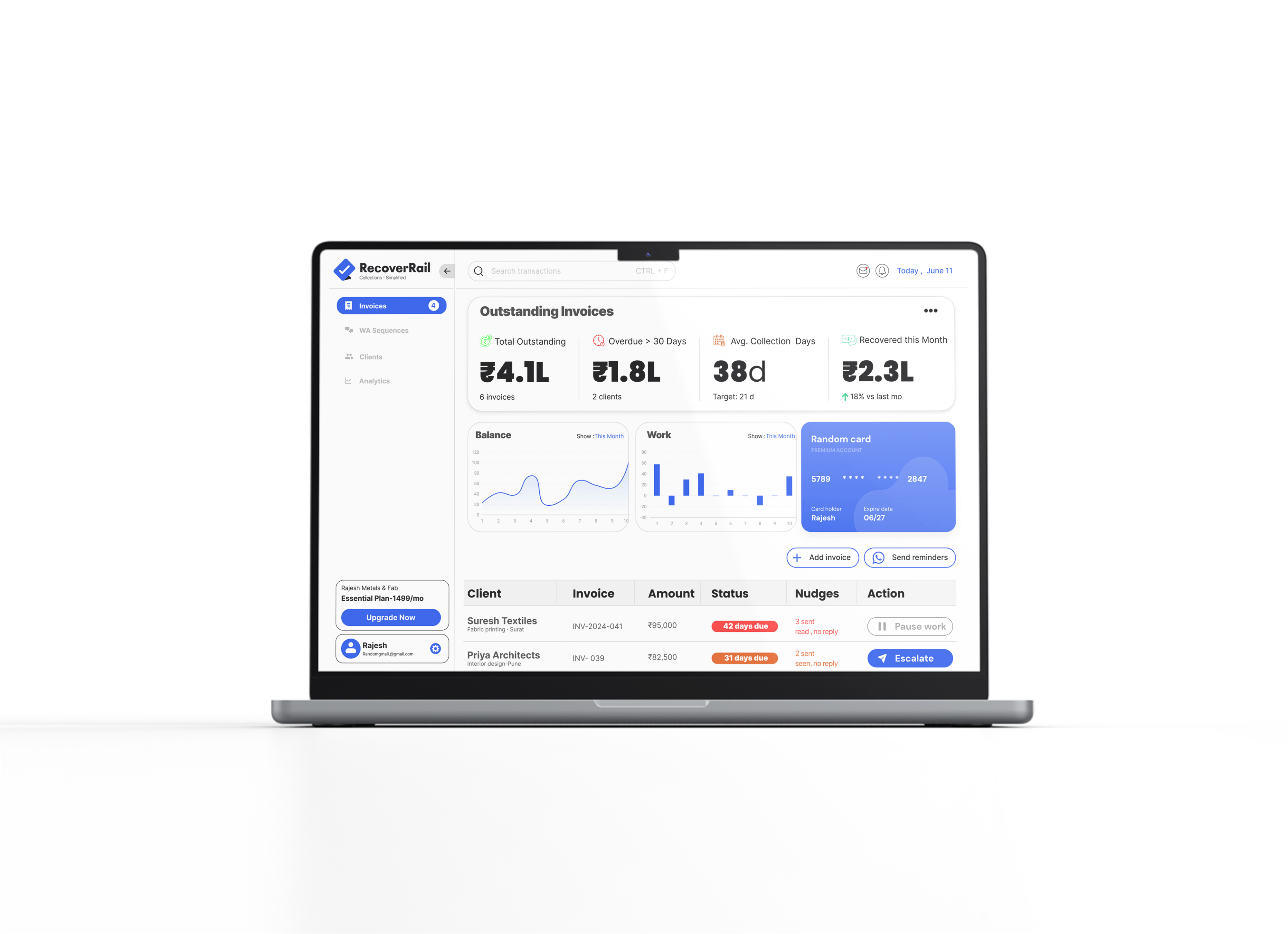 Paisa Waqt Pe dashboard showing outstanding invoices and collection stats